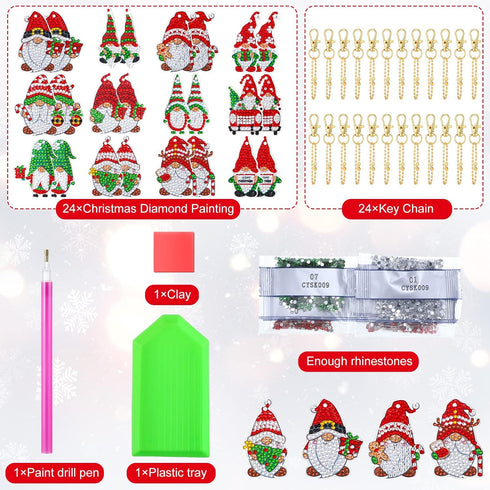 Tudomro 24 Pcs Christmas Diamond Painting Keychains Kit DIY Diamond Painting Ornaments Diamond Art Keychains Hanging 5D Key Ring Rhinestone Pendan...