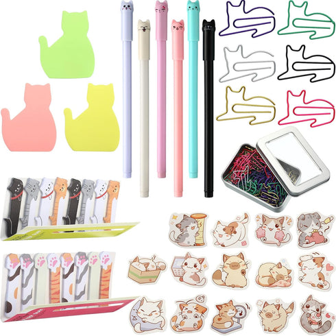 Cat Office Supplies Cat Sticky Notes Cat Paper Clips Cat Index Tabs Cat Gel Ink Pens Cat Shaped Bookmark Cartoon Cat Stickers Set for Cat Lovers K...