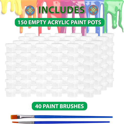 Mandala Crafts 150 Empty Acrylic Paint Pots with Lids 25 Mini Paint Pot Strips - 3ml 0.1oz Plastic Paint Pods 40 Brushes - Clear Small Paint Conta...