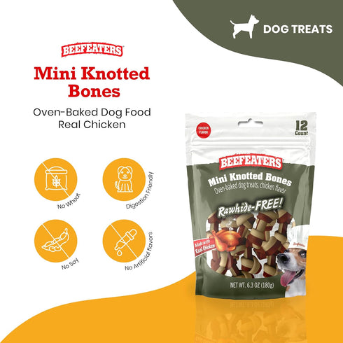 Beefeaters Dog Treats - Mini Knotted Bone Chicken Flavor 12ct | Rawhide Free Dog Foods | Real Chicken No Artificial Flavors | Digestion-Friendly, ...