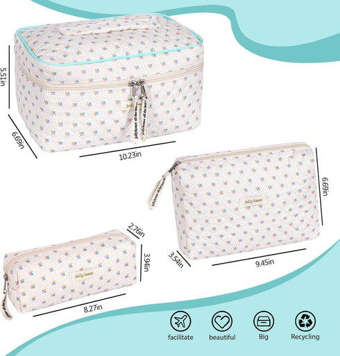 3 Pieces Cotton Makeup Bag Large Travel Cosmetic Bag Coquette Floral Cosmetic Pouch Toiletry Bag (floral)...