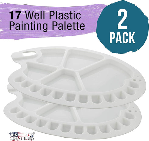 U.S. Art Supply 17-Well Artist Painting Palette (Pack of 2) - Plastic Artist Paint Color Mixing Trays - Art Students, Classroom, Class Craft Proje...