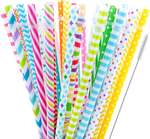 JANYUN 40 Pieces Reusable Straws BPA-Free 9" Colorful Printing Hard Platic Stripe Drinking Straw for Mason Jar Tumbler Family or Party Use Cleanin...