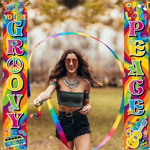 Blulu 60's Party Scene Setters Hippie Wall Decoration, 60s Porch Sign Groovy Party Door Sign for 1980s Theme Rock Star Birthday Decoration Rainbow...