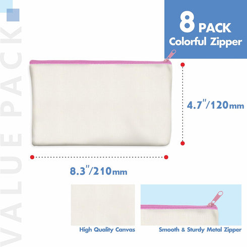 8 Pack Canvas Colorful Zipper Bags, DIY Craft Bags Travel Canvas Makeup Pouches for Cosmetic Toiletry Stationery Storage (Beige, 8.3” x 4.7”)...