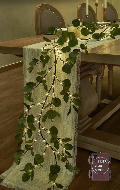 Hairui Lighted Artificial Eucalyptus Garland 6FT 96 LED Battery Operated Faux Vine Lights with Timer for Spring Wedding Backdrop Wall Decor...