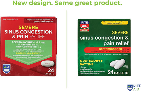 Rite Aid Daytime Severe Sinus Congestion & Pain Relief - Acetaminophen, 325 mg - 24 Caplets | Multi-Symptom Non-Drowsy | Relief | Cold and Flu | C...