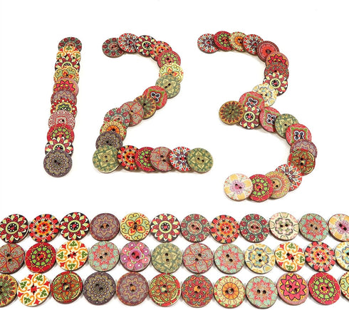 Wooden Buttons 100Pcs Round 2 Holes Old Fashioned Painted Flower for Sewing Crafting Colorful Patterns 0.78in...