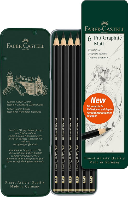 Faber-Castell Pitt Graphite Matte Pencil Set, Metal Tin of 6 Graphite Pencils, Sketching and Drawing Pencil Set (B, 4B, 6B, 8B, 10B, 12B)...