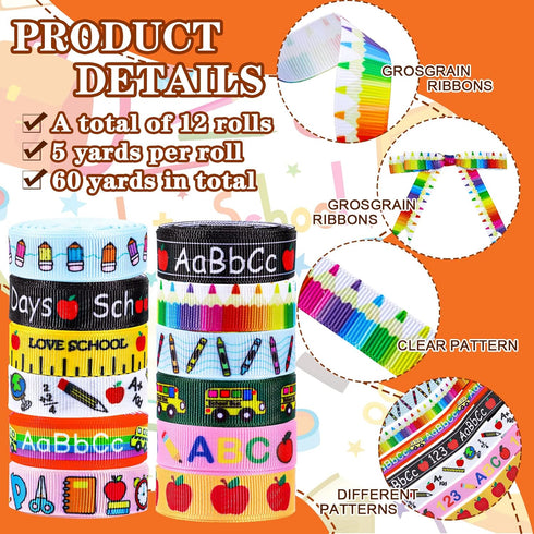 Whaline 12 Rolls Back to School Grosgrain Ribbon 60 Yards School Teacher Themed Wired Edge Ribbon School Bus Pencil Apple ABC Pattern Fabric Decor...