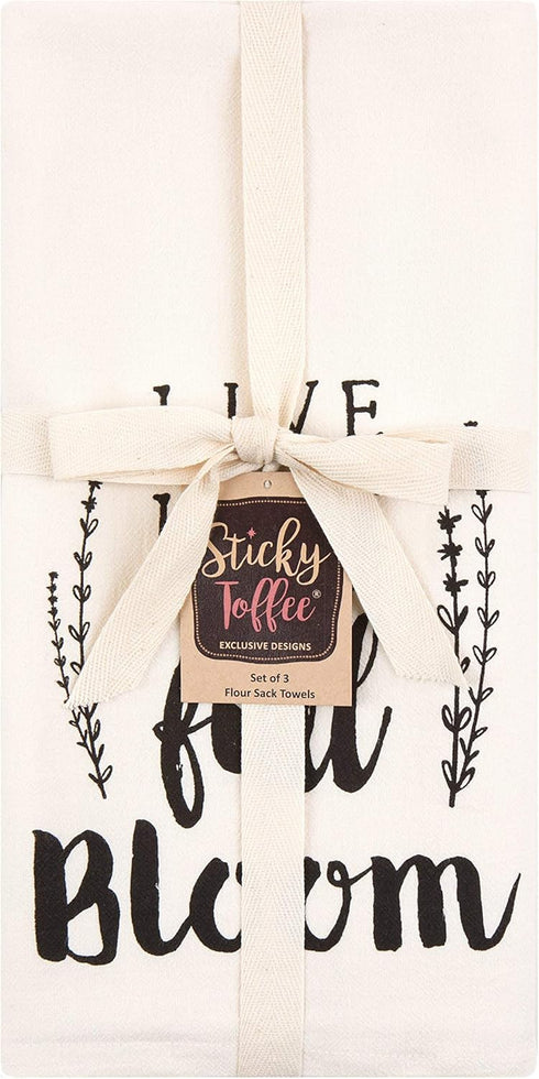 Sticky Toffee Cotton Flour Sack Kitchen Towels 3-Pack – Live Life Stripe and Floral Print Towels, 28x29 in, Soft and Absorbent for Drying or Clean...