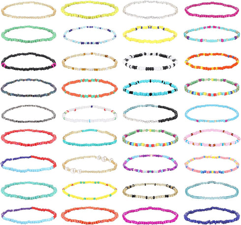 Ubjuliwa 36Pcs Handmade Beaded Anklets Bracelets for Women Boho Elastic Multilayered Colorful Beads Stretch Anklets Set Beach Jewelry Gifts...