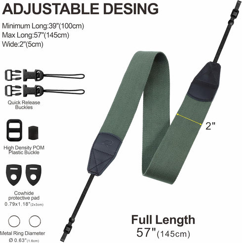 Padwa Lifestyle Dark Green Camera Strap - 2" Wide Cotton Woven Genuine Leather Head Camera Straps,Complimentary 2 Pcs Quick Release Clips for All ...