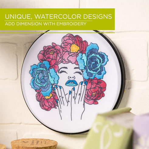 Bucilla Watercolor 6" Stamped Embroidery Kit, Flower Power, Includes 4-Color Printed Fabric, 6" Hoop, Embroidery Floss, Needle, and Instructions, ...