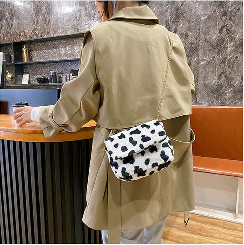 Women Faux Fur Shoulder Bag Fluffy Plush Handbag Leopard Cow Print Clutch Wallet with Chain Strap for Girls Ladies...