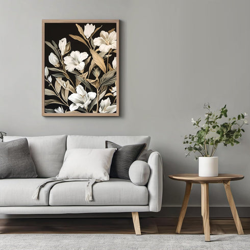 Posterizer 1 pcs-white-beige flowers with dark background-Floral & Botanical Art-Abstract & Modern Art-Decor for Home & Office- UNFRAMED Wall Art...