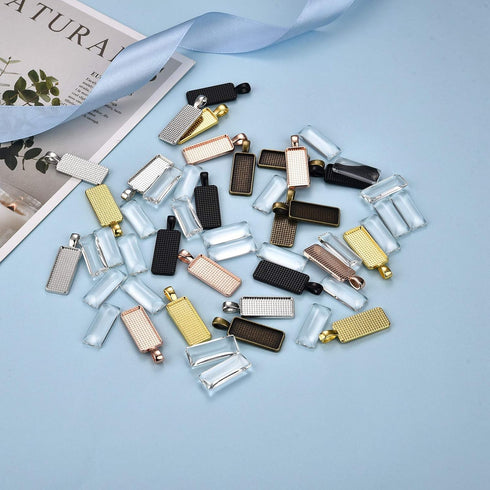 OBSEDE 50Pcs Glue on Bails Rectangle Pendant Tray Glass Dome Kits for Jewelry Making Necklace Earring Scrabble Supplies Cabochon...
