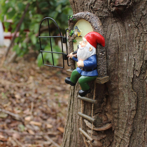 Gnome Tree Hugger, Funny Musical Gnome Garden Sculpture, Whimsical Fairy Tree Face/Stump Decor, Resin Outdoor Statue, Luminous Elf Peeker Yard Art...