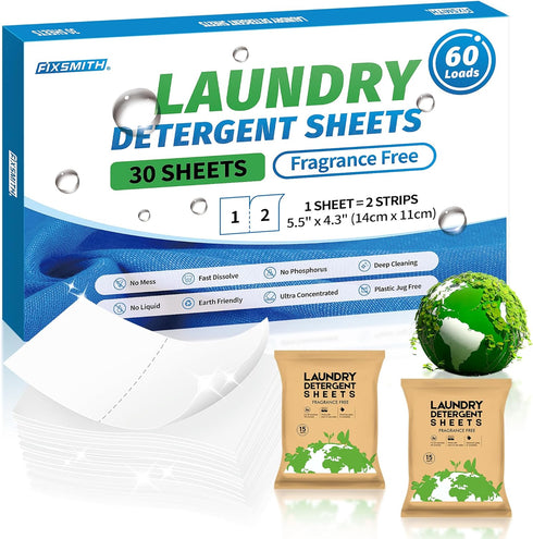 FIXSMITH Laundry Detergent Sheets - 60 Loads (30 Sheets) Fragrance Free - Hypoallergenic,Unscented,Eco Friendly Laundry Detergent Strips Concentra...