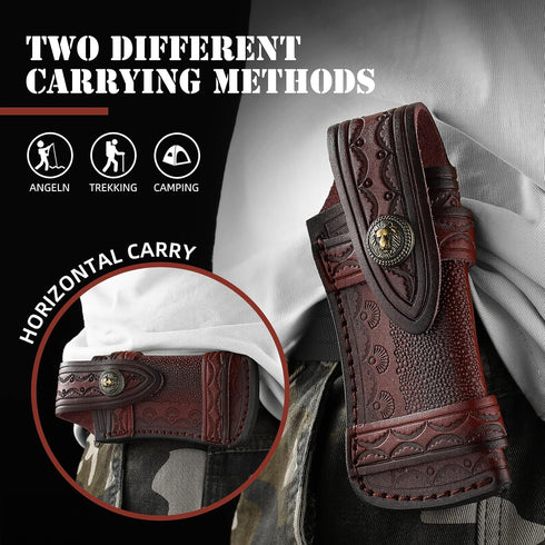 Omesio Pocket Knife Sheath Big (L), 5.28" (for <13.41cm knife) Leather Knife Sheaths for Belt, Horizontal Knife Sheath for Belt Sideways, Brown Le...