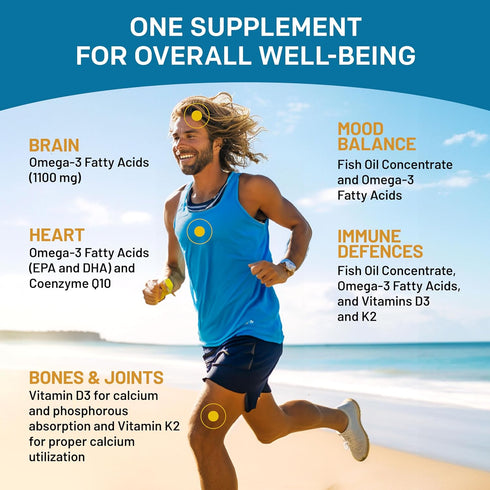 5-in-1 Fish Oil Omega 3 Supplements with Vitamins D3 & K2 and CoQ10 - DHA EPA Omega 3 Fish Oil Supplements - Lemon Flavored Omega 3 Fatty Acid Sup...