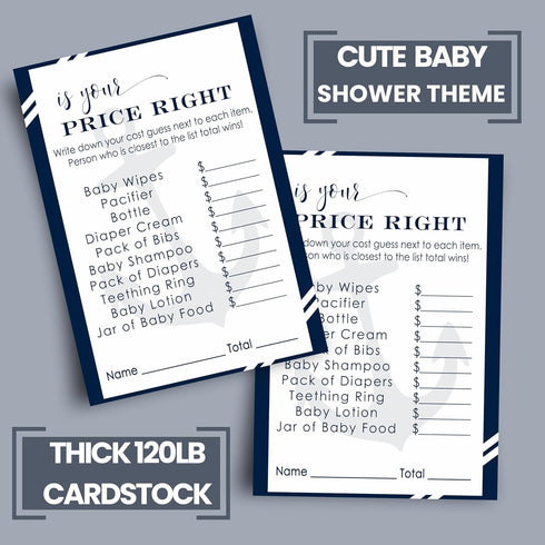 Paper Clever Party Anchor Baby Shower Games for Boys - 25 Cards - Guess The Price is Right - Nautical Themed Baby Shower Activities for Guests - 4...