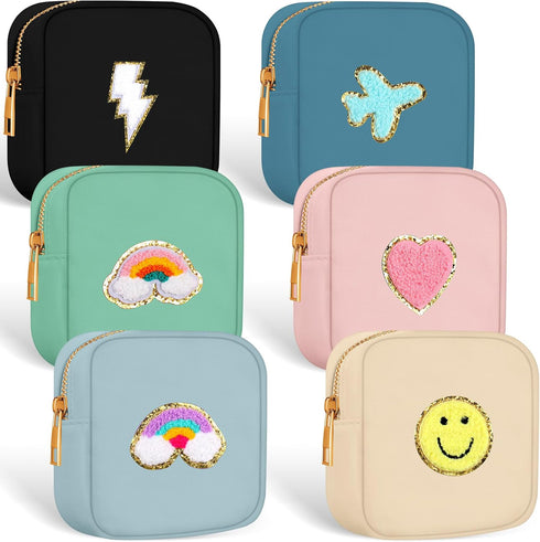 Zubebe 6 Pcs Preppy Patch Cute Makeup Bags Toiletry Bags Skincare Bag Chenille Letter Nylon Bag for Purse Small Zipper Cosmetic Makeup Pouch Prepp...