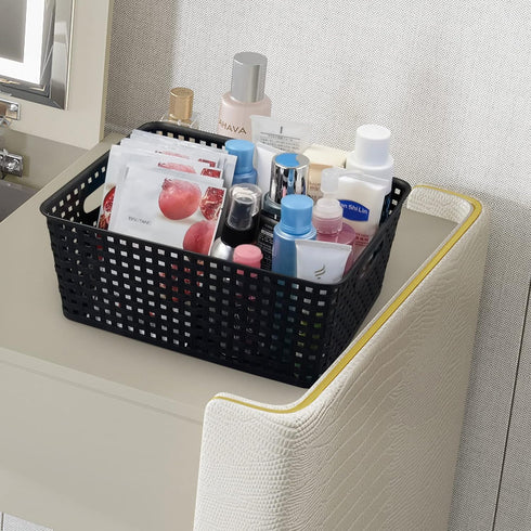 Asking 4-Pack Plastic Weave Storage Basket, Black Plastic Storage Baskets Organizing...