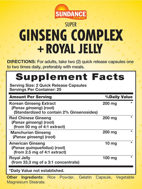 Sundance Super Ginseng Complex | with Royal Jelly | 50 Quick Release Capsules | Non-GMO and Gluten Free Traditional Herb Supplement...