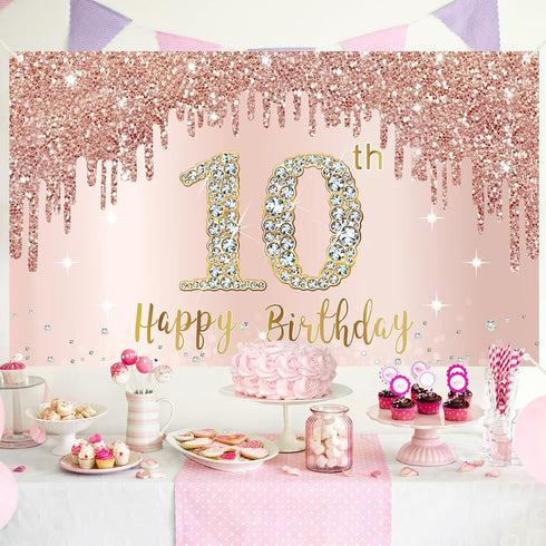 Sweet 10th Birthday Banner Backdrop Decorations for Girls, Rose Gold 10 Birthday Party Sign Supplies, Pink 10 Years Old Birthday Poster Background...