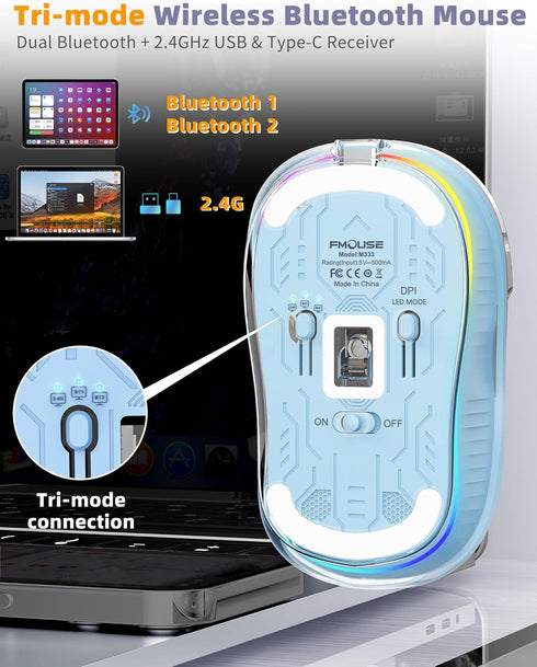 Unique Transparent Bluetooth Mouse with USB & Type-C Two Receiver, Small Portable Wireless Rechargeable Mice for MacBook/pc/iPad/Laptop and Multi ...