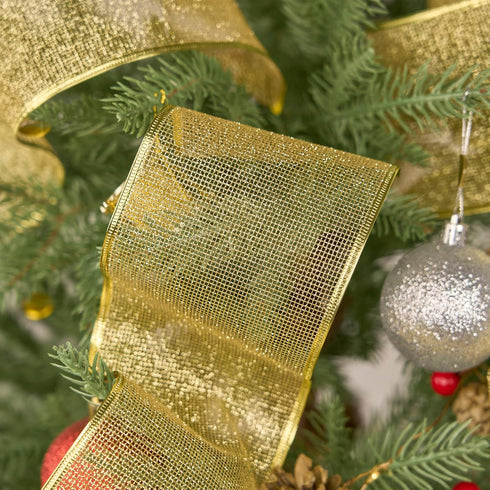 1 Roll 4 Inch Wide 10 Yd Gold Glitter Wired Ribbon, Metallic Gold Mesh Wired Edge Ribbon for Christmas Tree Décor, Gift Wrapping Box, Bows, Wreath...