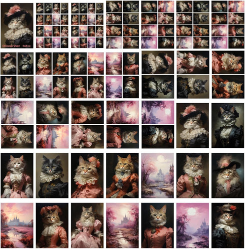 Decoupage Paper Pack (35 Sheets 6"x8") Funny Fancy Cats Wearing Victorian Era Dresses in Pink Castles FLONZ Vintage Illustration Pictures Cards fo...
