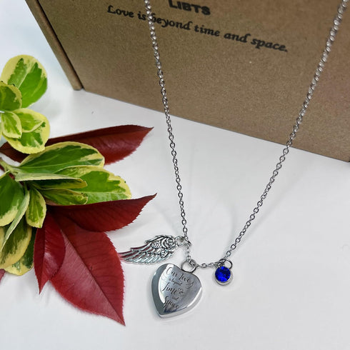 Heart Urn Necklace for Ashes with 12 Birthstones Cremation Jewelry and Angel Wing for Ashes with stary box and transparent PE cover - Our love is ...
