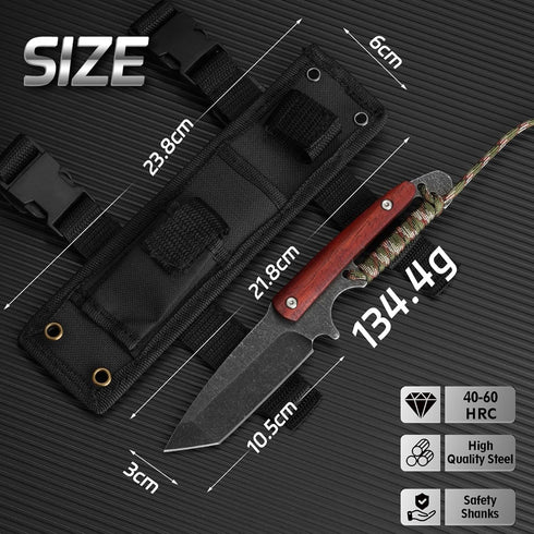 8.58 inch outdoor straight blade, full handle fixed blade, wooden handle hunting knife with sheath, used for camping, hiking, and survival...