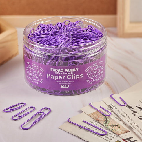 Purple 500pcs Paper Clips Assorted Sizes, Small, Medium and Large?1.1inch, 1.3inch and 2inch) Paper Clips, Vinyl Coated Paperclips for Office, Sch...