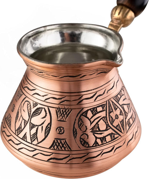 BCS 12 Oz Copper Turkish Greek Arabic Coffee Pot with Wooden Handle (4 servings) Cezve Ibrik Briki Stovetop Coffee Maker (Includes Wooden Spoon)...