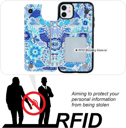 HAOPINSH for iPhone 11 Wallet Case with Card Holder, Blue Flower Bird Pattern Back Flip Case PU Leather Kickstand Card Slots Case for Women Girls,...
