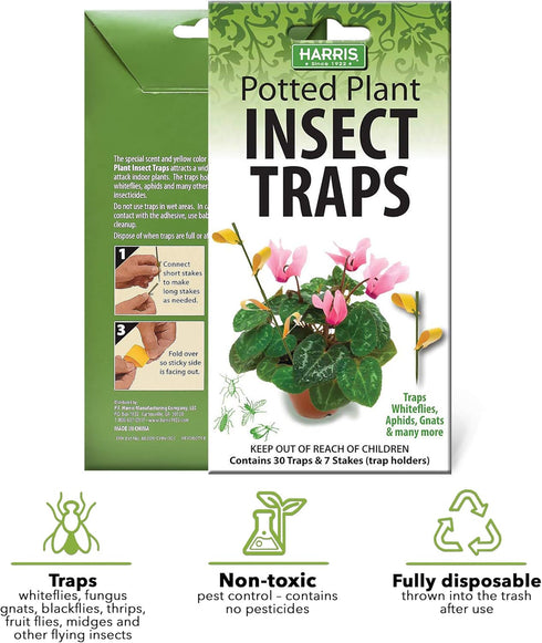 Harris Potted Plant Insect Traps for Gnats, Aphids, Whiteflies and More (30 Traps, 7 Stakes)...