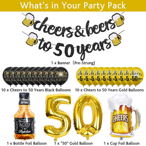 50th Birthday Decorations, Black Gold 50 Year Anniversary Decorations, Cheers To 50 Years Banner, Fifty Sign Latex Balloon 50 Gold Balloon Cheers ...