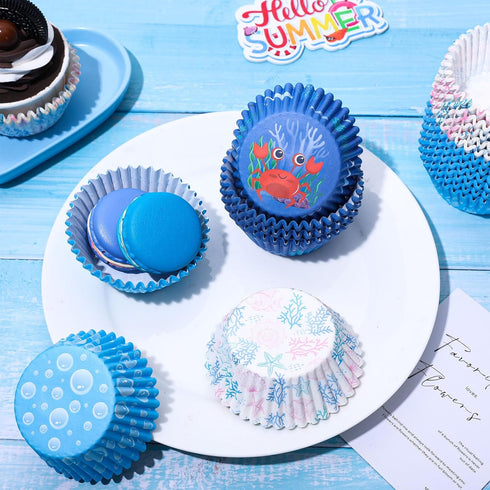 Whaline 600Pcs Ocean Themed Cupcake Liners Summer Baking Cups Crab Coral Starfish Sea Life Cupcake Wrappers Holders Muffin Liners for Bridal Baby ...