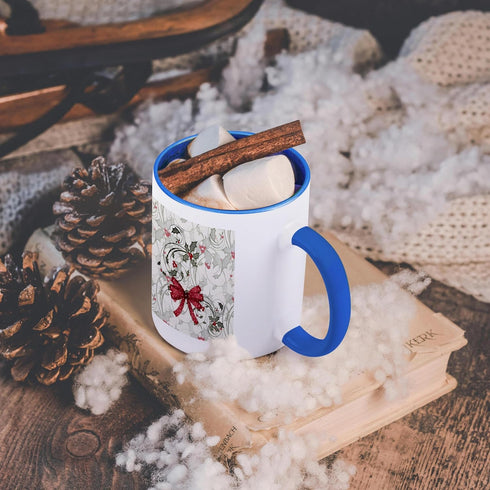 3dRose Elegant Christmas Holly and Berries Pattern Bow and Winter Greenery Two Tone Mug, 11 oz, Blue...