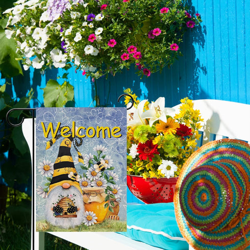 Welcome Spring Honey Bumble Bee Gnome Garden Flag, Summer Yard Outdoor Home Decorative Burlap Lawn Outside Decoration, Daisy Flowers Small Decor D...