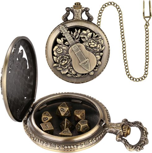 Mini DND Dice Set Steampunk Hollow Bard Pocket Watch Shell Case, 7pcs Tiny Polyhedral Metal D&D Dice Set, Dungeons and Dragons Gifts with Gift Box...