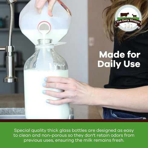 The Dairy Shoppe Heavy Glass Milk Bottle - Jug with Lid and Silicone Pour Spout - Clear Milk Container for Fridge - Reusable Glass Milk Jug Dispen...