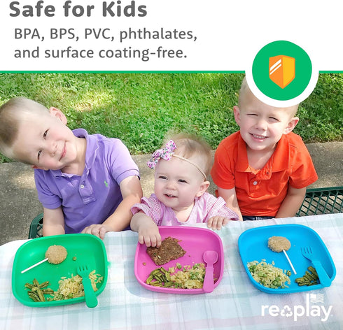 Re-Play Toddler Plates - 22 Oz. Deep-Walled Flat Kids Plates - Dishwasher & Microwave Safe - Made in USA - Set of 3-7.37" x 7.37" x 1.25" - A Prin...