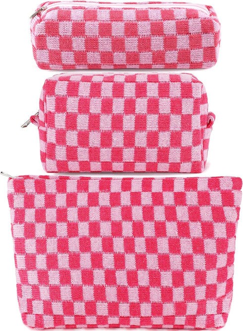 3Pcs Checkered Makeup Bag for Women Large Cosmetic Bag Set Travel Toiletry Bag Makeup Pouch Bag for Purse Pink Zipper Storage Bag Organizer Cute S...