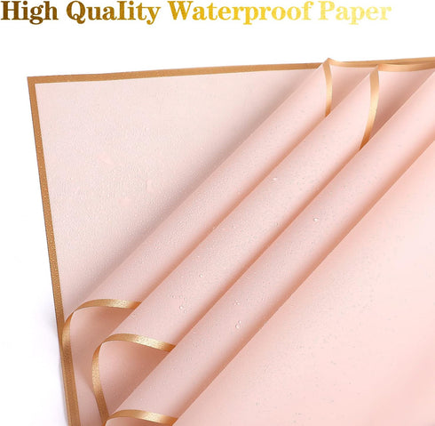 CCINEE 20 Sheets Gold Edge Flower Wrapping Paper,Waterproof Fresh Flower Packing Material Florist Bouquet Supplies DIY Craft Gift Packing,Pink...
