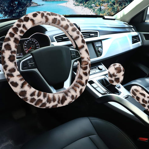 Fuzzy Steering Wheel Cover for Women Girls, Accmor Universal Fit 15 inch Fur Car Wheel Cover & Handbrake Cover & Gear Shift Cover Set, Fashion Leo...