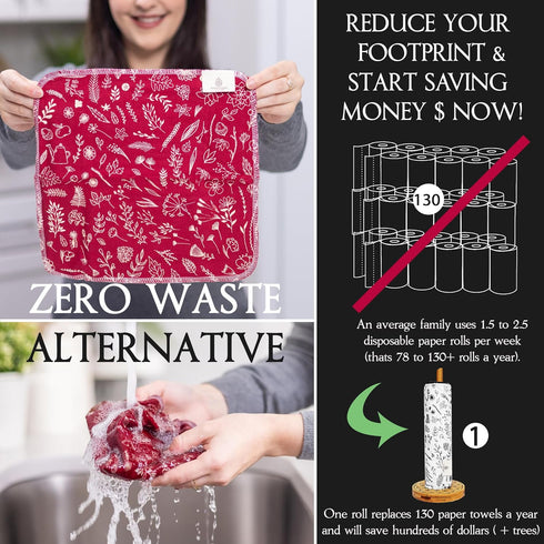 | Reusable Paper Towels with Cotton Wash Bag | Plant Love 12 x Washable Eco Friendly Paperless Paper Towels Napkins Cloth Kitchen Washable Reusabl...